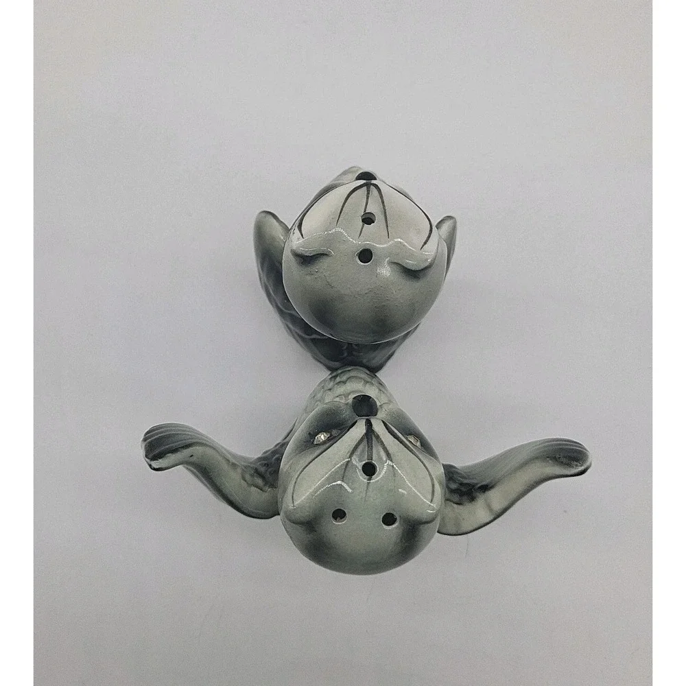 Vintage Enesco Japan MCM Owl Salt Pepper Shakers Gray Black Rhinestone Eyes